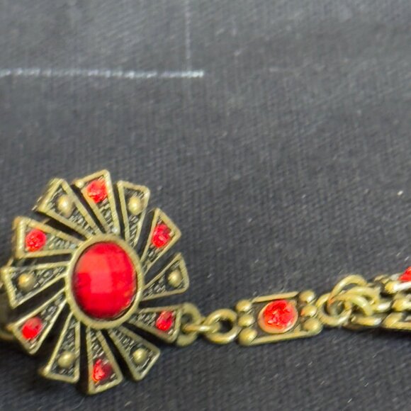 Antique-Style Red Crystal Bracelet With Dangling Charm & Attached Ring - Picture 7 of 10